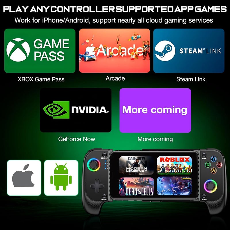KICKDOT Wireless Phone Controller for iPhone/Android No Deadzone, Mobile Gaming Controller Support Xbox Game Pass, Steam Link, GeForce Now, Call of Duty, Roblox, Cloud Gamepad for iOS with Dynamic LED Lights - Image 2